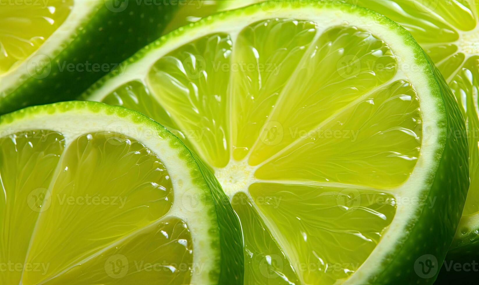 Close-up of fresh lime slices with cascading water droplets, highlighting vibrant green hues. Created by AI photo