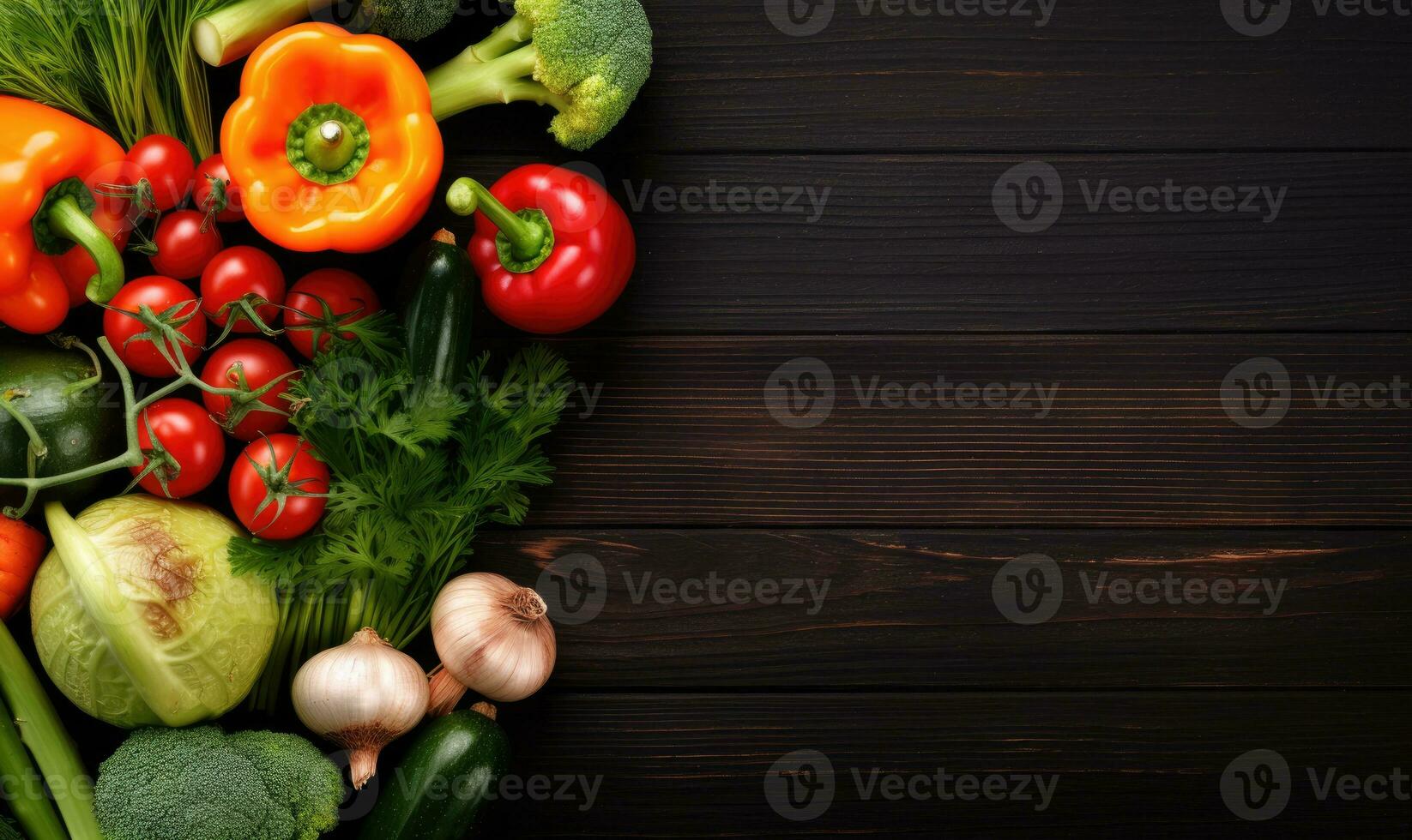 Vegetables on black wood background. Vegetarian organic food banner. Cooking ingredient. Created by AI tools photo
