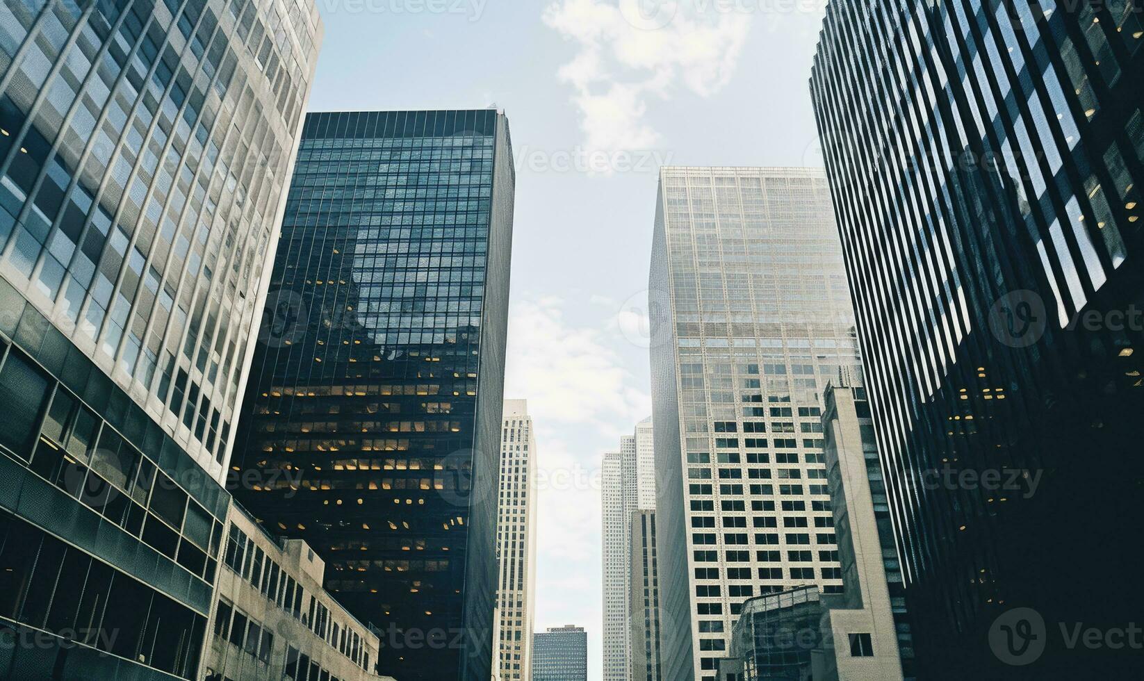 Top-down view of modern skyscrapers, captured on 35mm film. The urban landscape. Created with generative AI tools photo