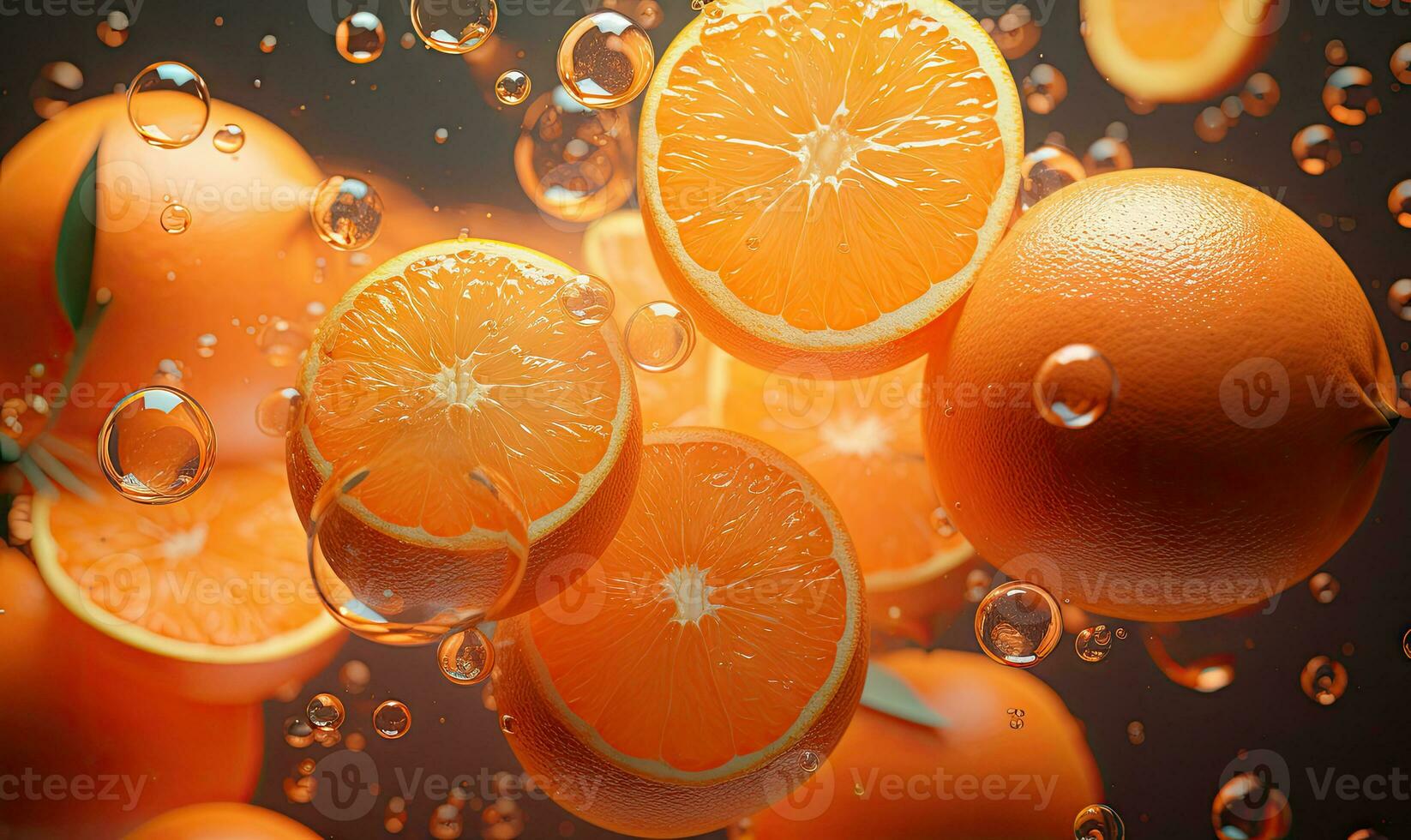 Vibrant oranges float in clear water, illuminated by sunlight. Created by AI photo