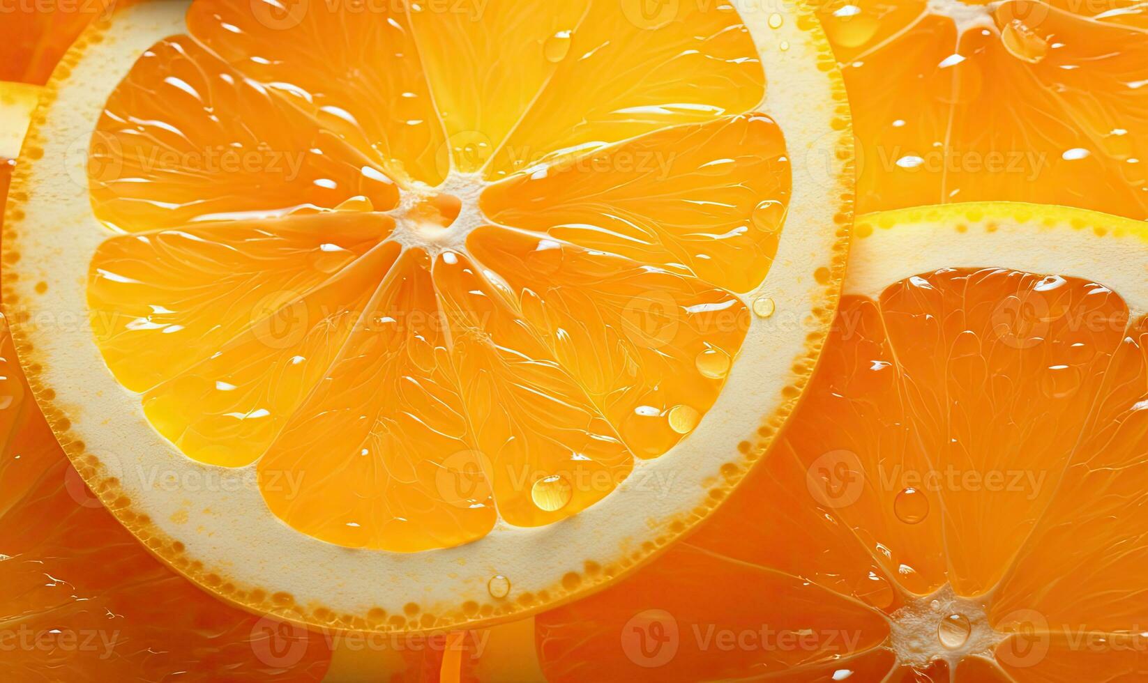 macro capturar de un jugoso naranja rebanada con reluciente agua gotas. creado por ai foto