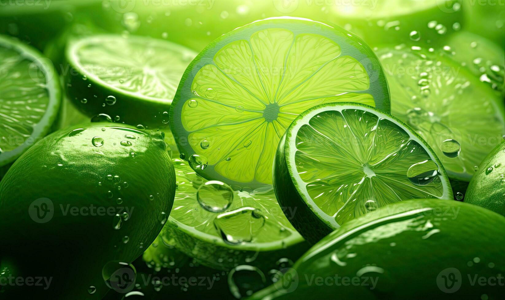 Close-up of vibrant lime slices adorned with water droplets, set against a backdrop of fresh foliage. Created by AI tools photo