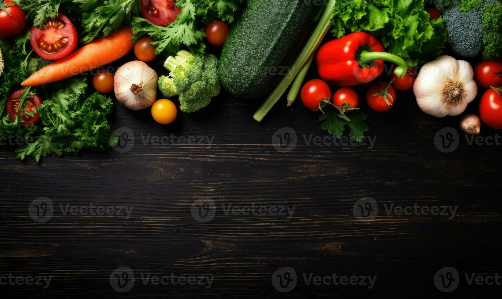 Vegetables on black wood background. Vegetarian organic food banner. Cooking ingredient. Created by AI tools photo