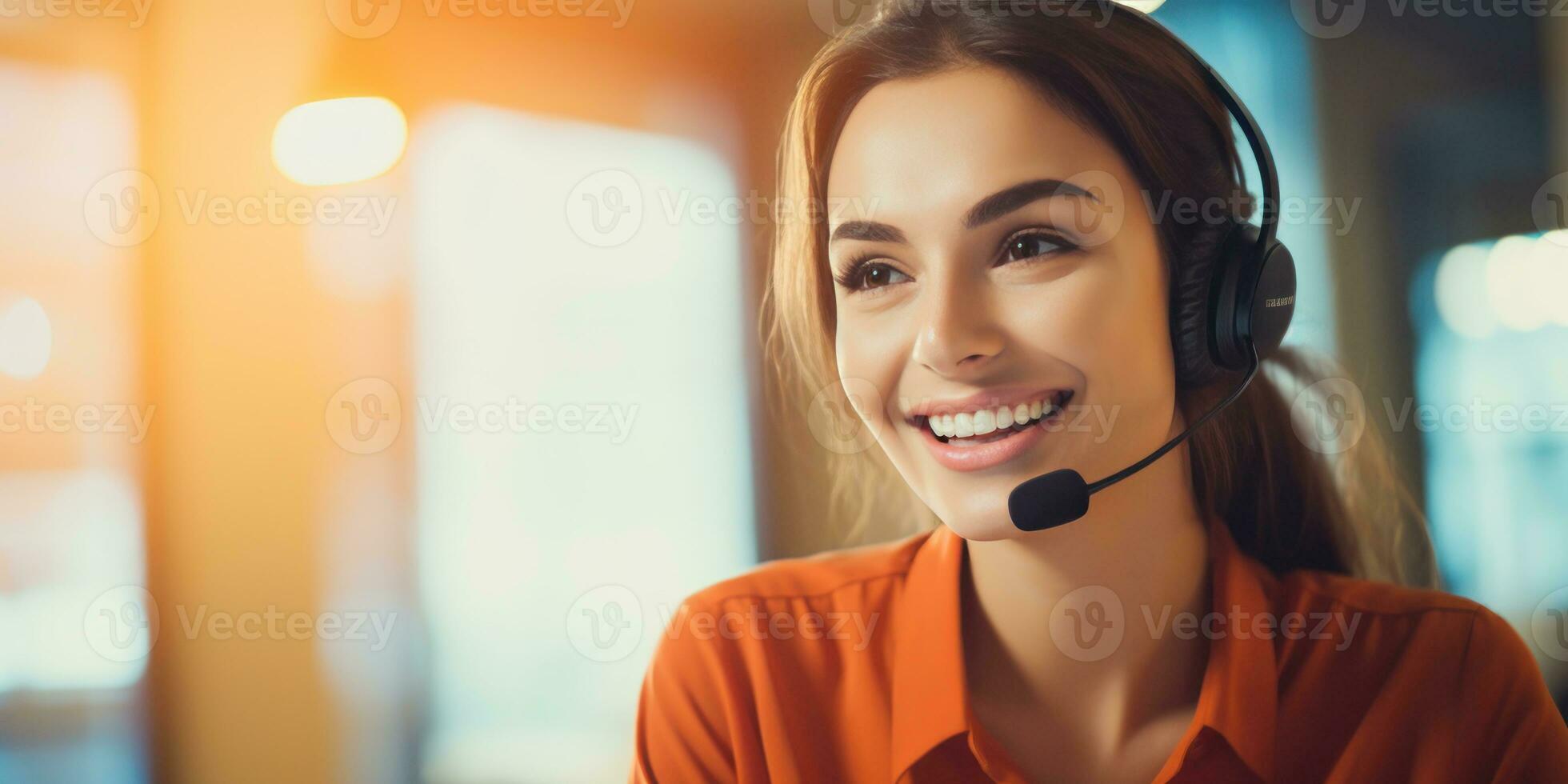 Cheerful woman customer support representative ready to assist. call center professional in headset. Created by AI tools photo