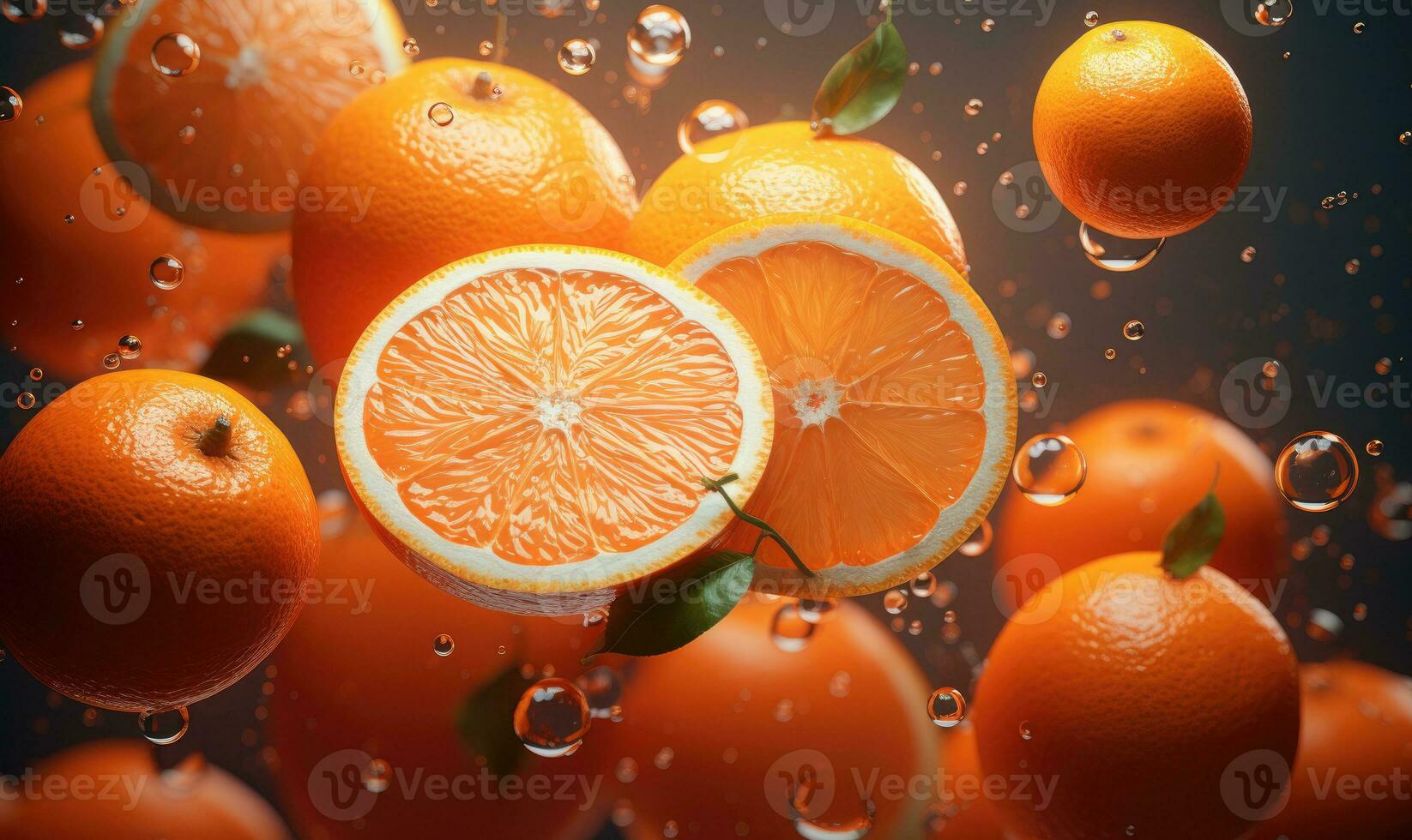Vibrant oranges float in clear water, illuminated by sunlight. Created by AI photo