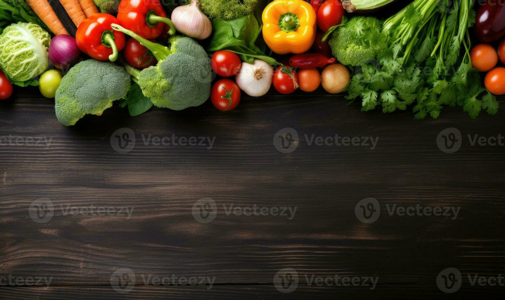 Vegetables on black wood background. Vegetarian organic food banner. Cooking ingredient. Created by AI tools photo