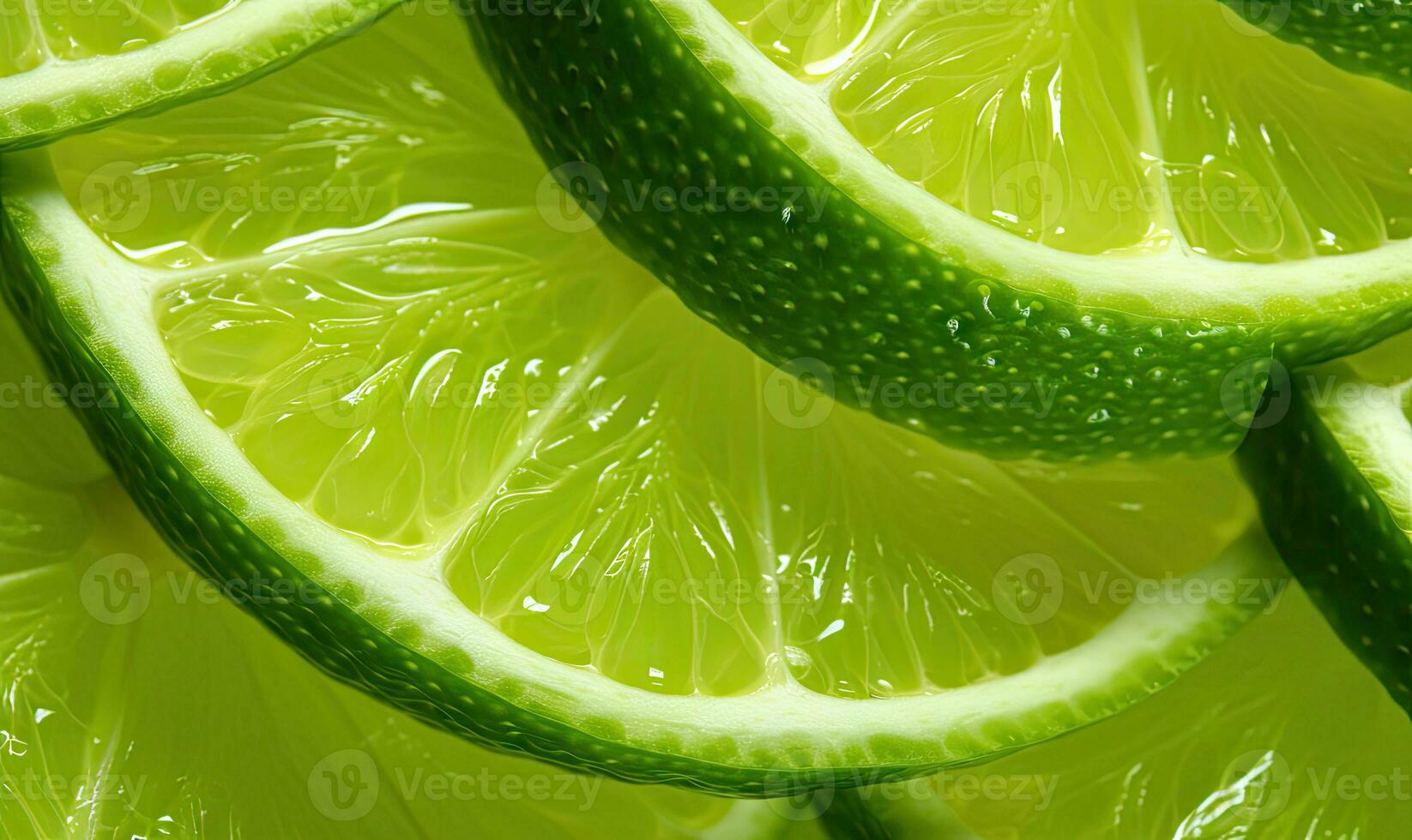 Close-up of fresh lime slices with cascading water droplets, highlighting vibrant green hues. Created by AI photo