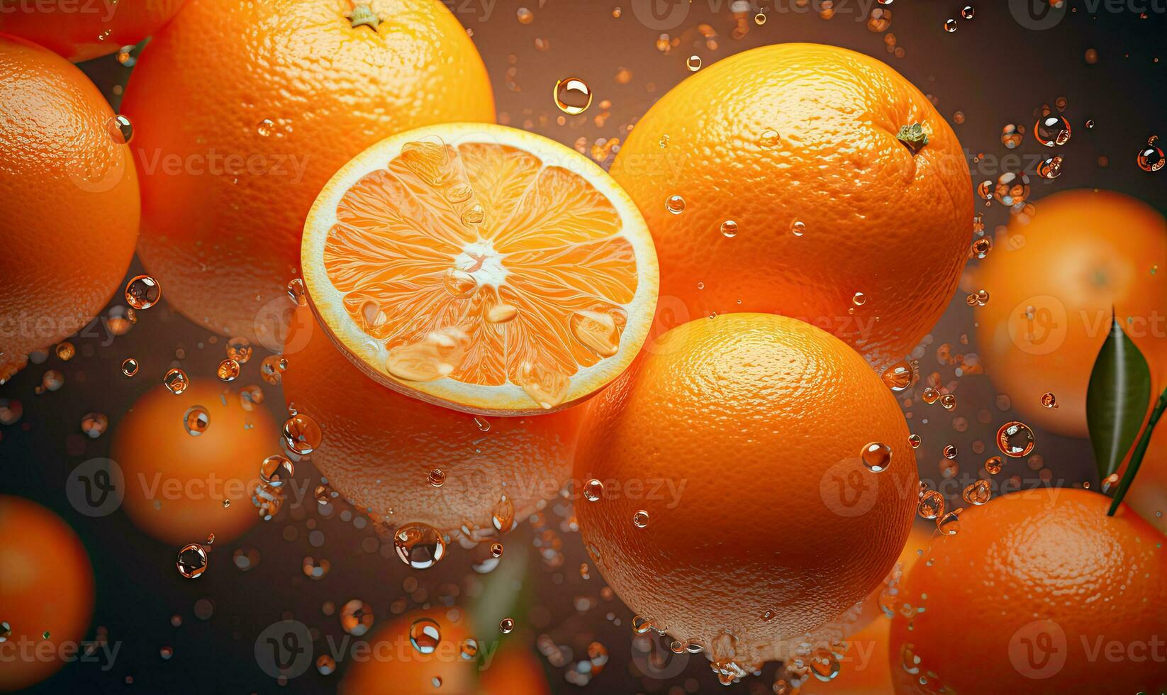 Vibrant oranges float in clear water, illuminated by sunlight. Created by AI photo