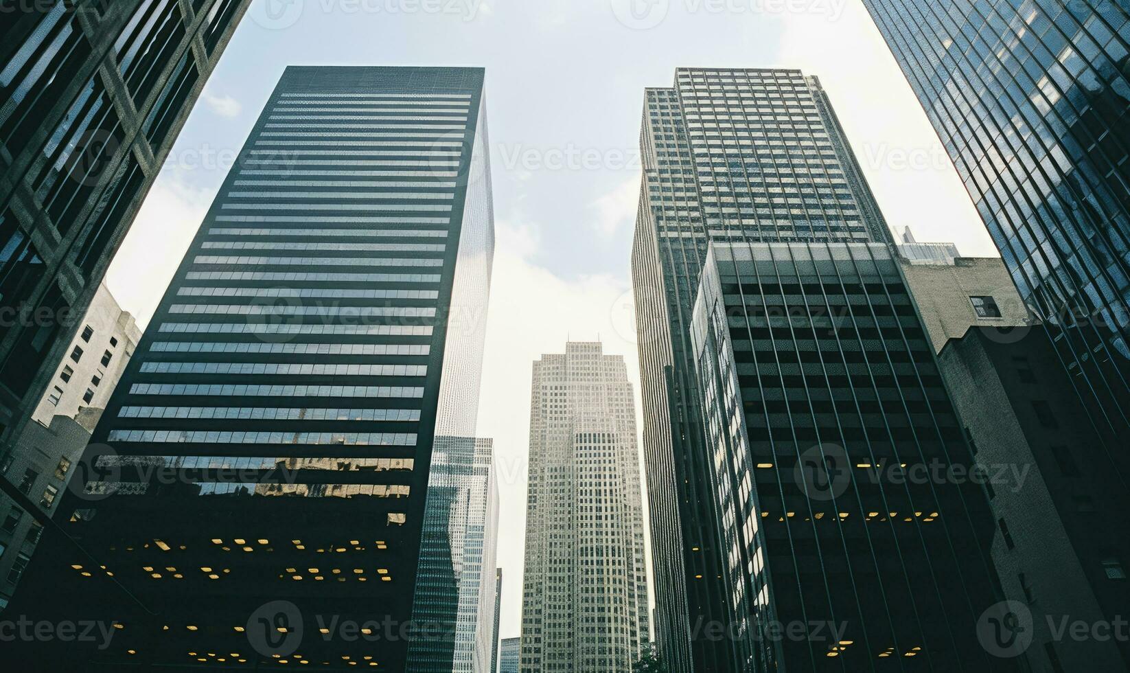 Top-down view of modern skyscrapers, captured on 35mm film. The urban landscape. Created with generative AI tools photo