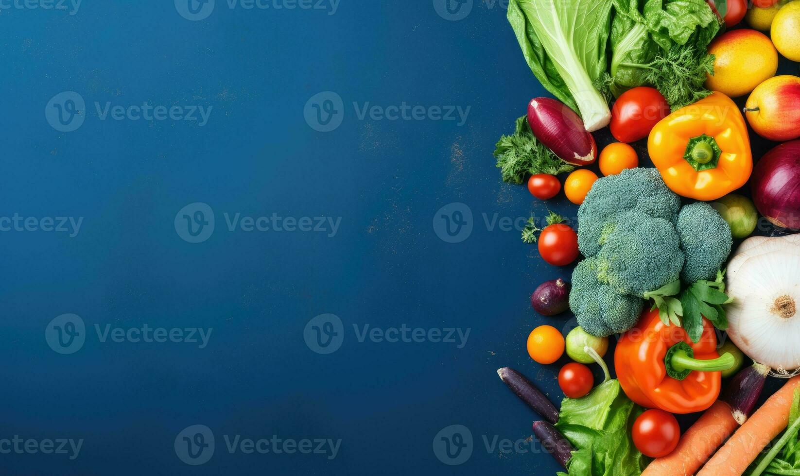 Top view vegetables on deep blue background. Vegetarian organic food banner. Created by AI tools photo