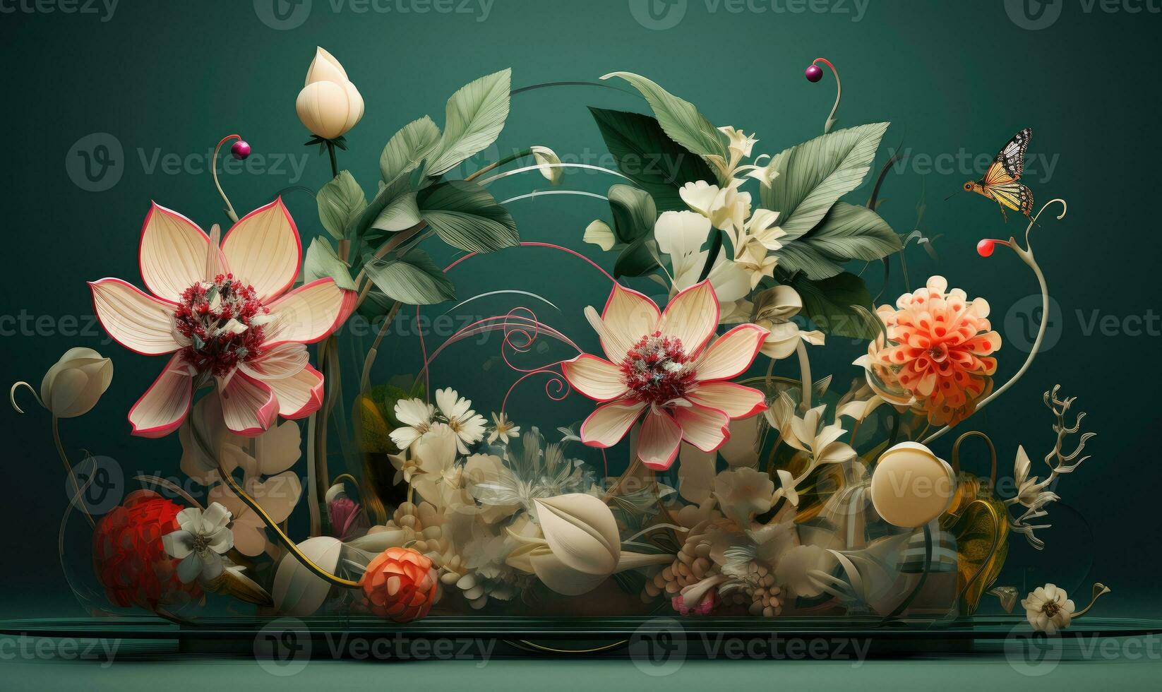 Vibrant botanical display with blossoming flowers and fluttering butterflies. Created by AI tools photo