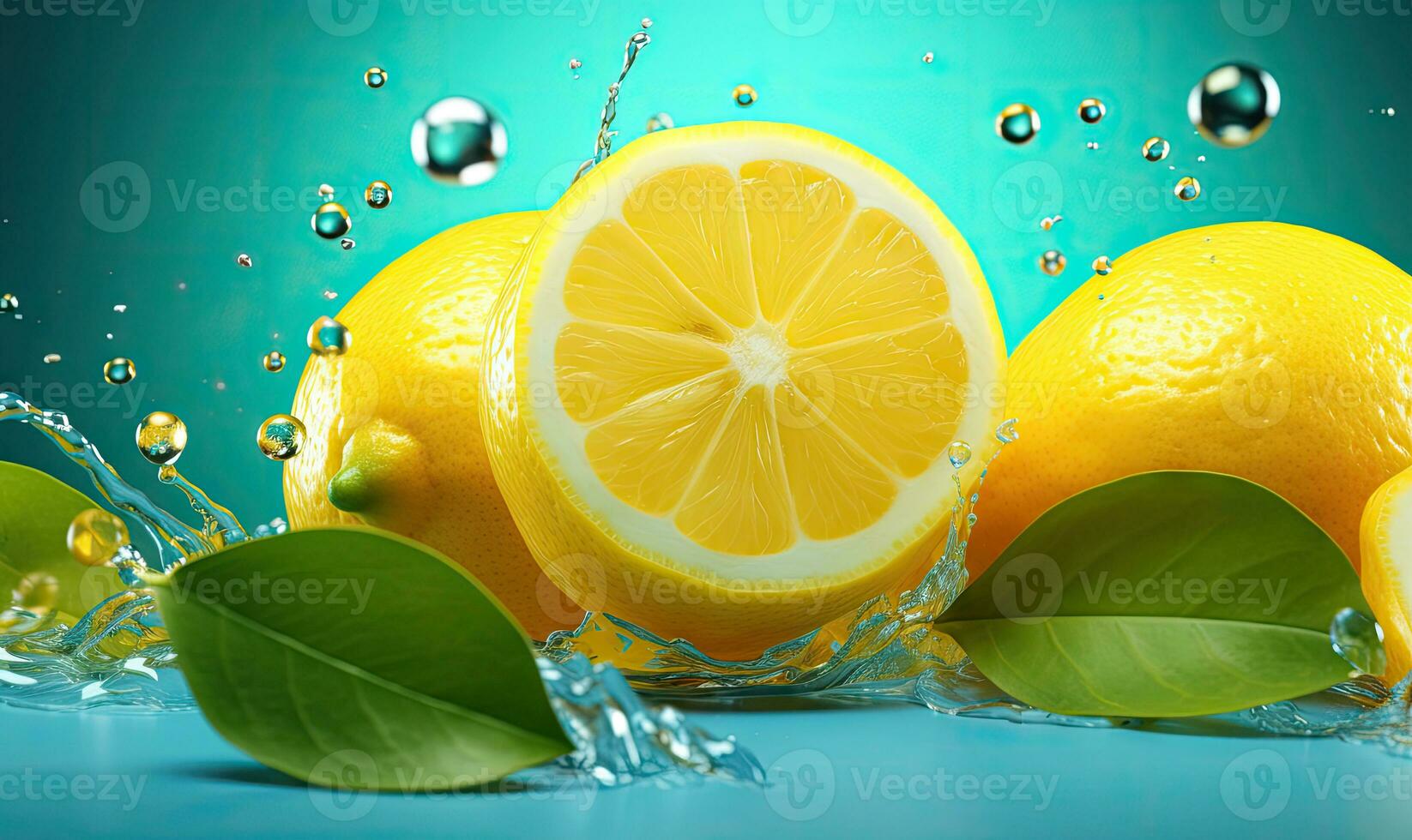 limón rebanadas flotante en claro agua con suave ligero reflexiones y burbujas creado por ai foto