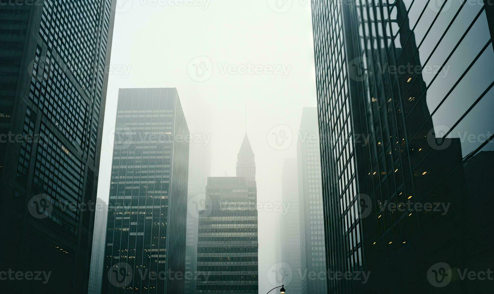 Top-down view of modern skyscrapers, captured on 35mm film. The urban landscape. Created with generative AI tools photo