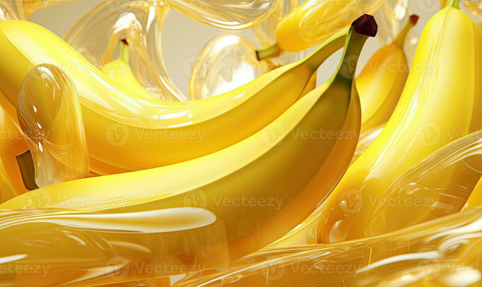 Ripe bunch bananas with glistening droplets on a vibrant yellow backdrop. Created by AI photo