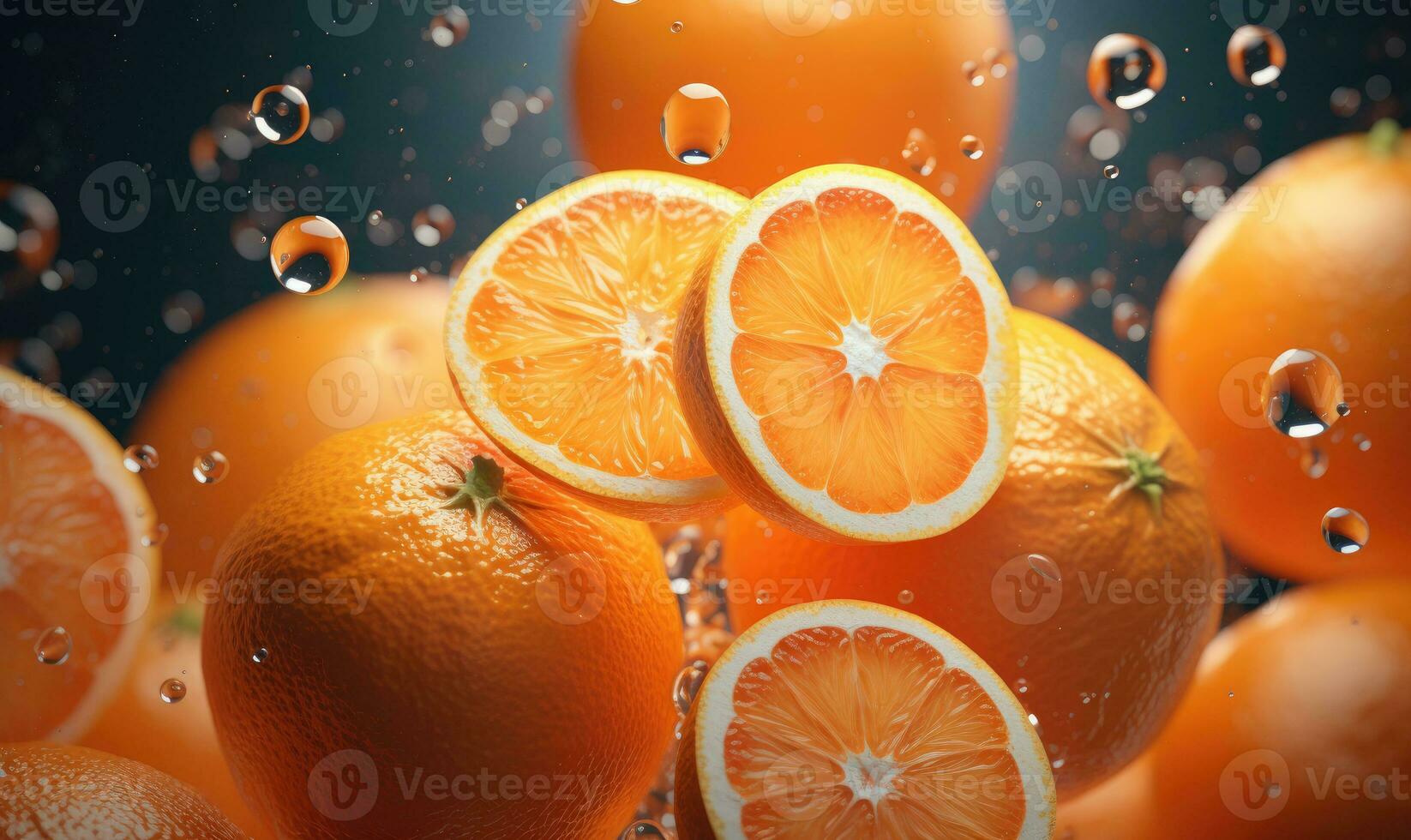 Vibrant oranges float in clear water, illuminated by sunlight. Created by AI photo