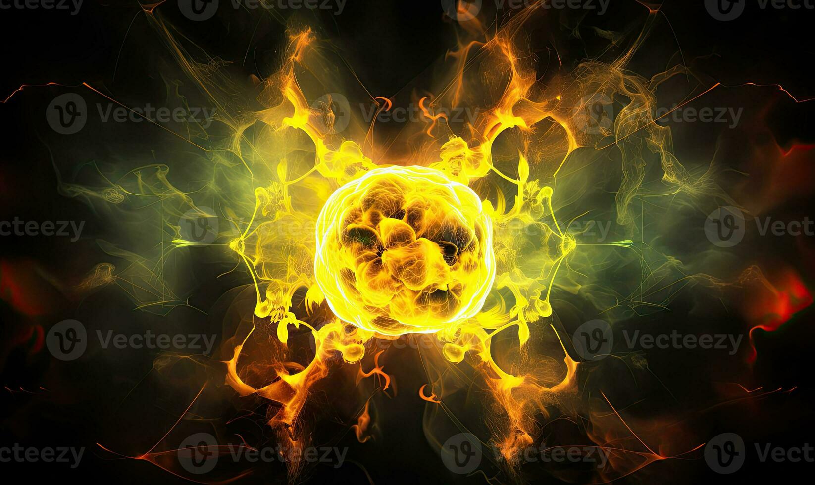 Radioactive an intense yellow fireball radiates against a stark black backdrop. Created by AI photo