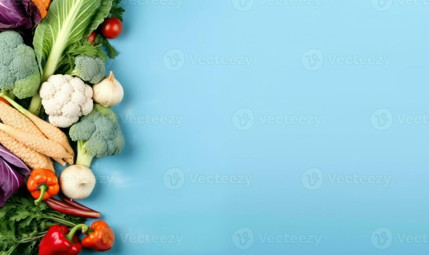 Top view vegetables on blue background. Vegetarian organic food banner. Created by AI tools photo