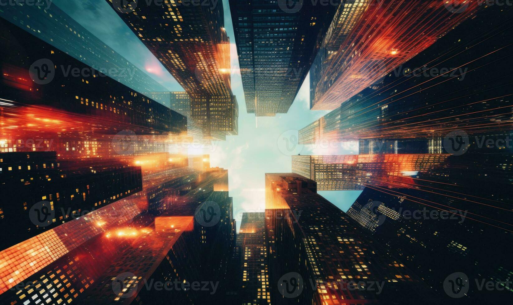 Kaleidoscopic view of skyscrapers, blending urban architecture with artistic flair. Created by AI photo