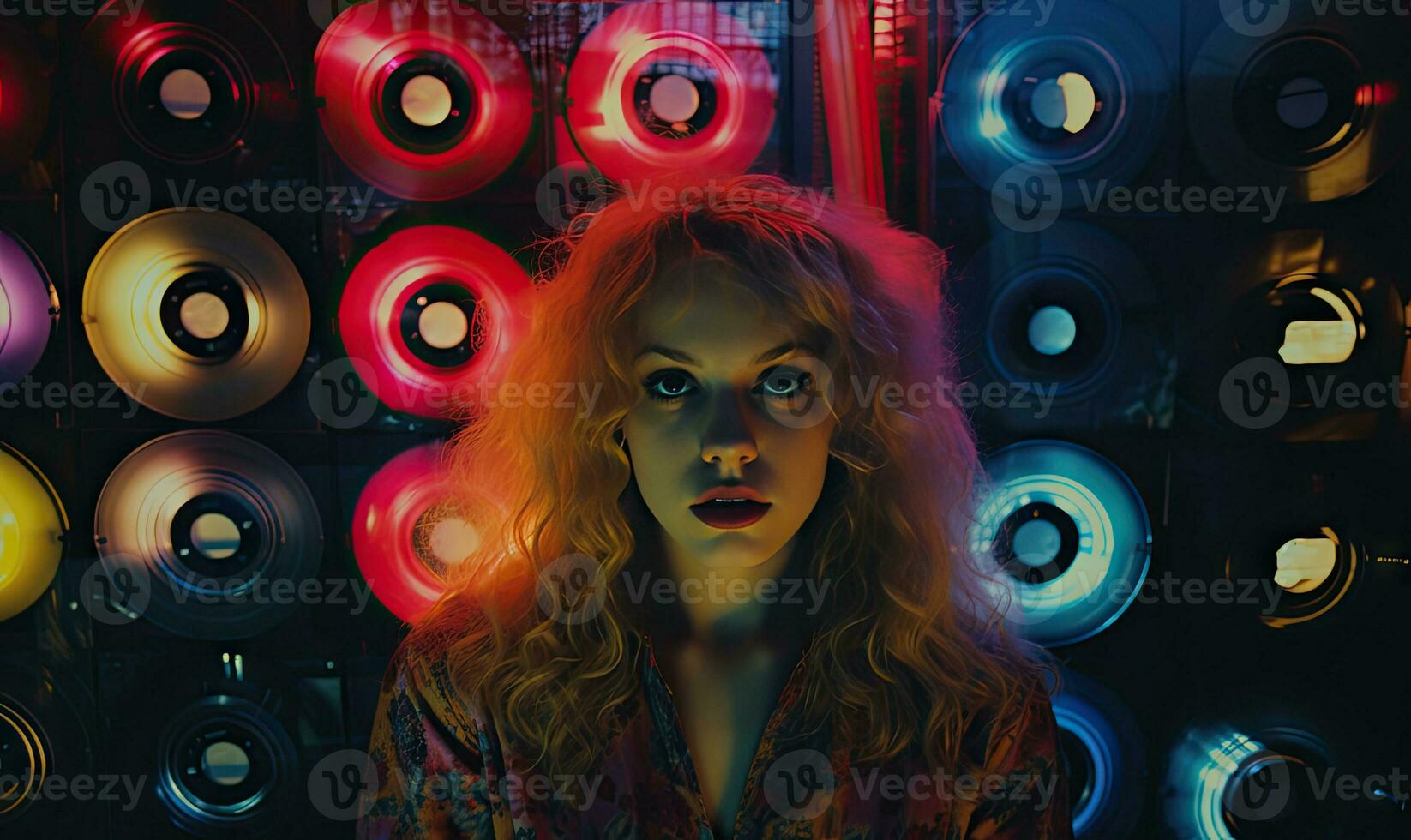 Girl is a movie fan with neon lights and colorful records backdrop. Created by AI photo