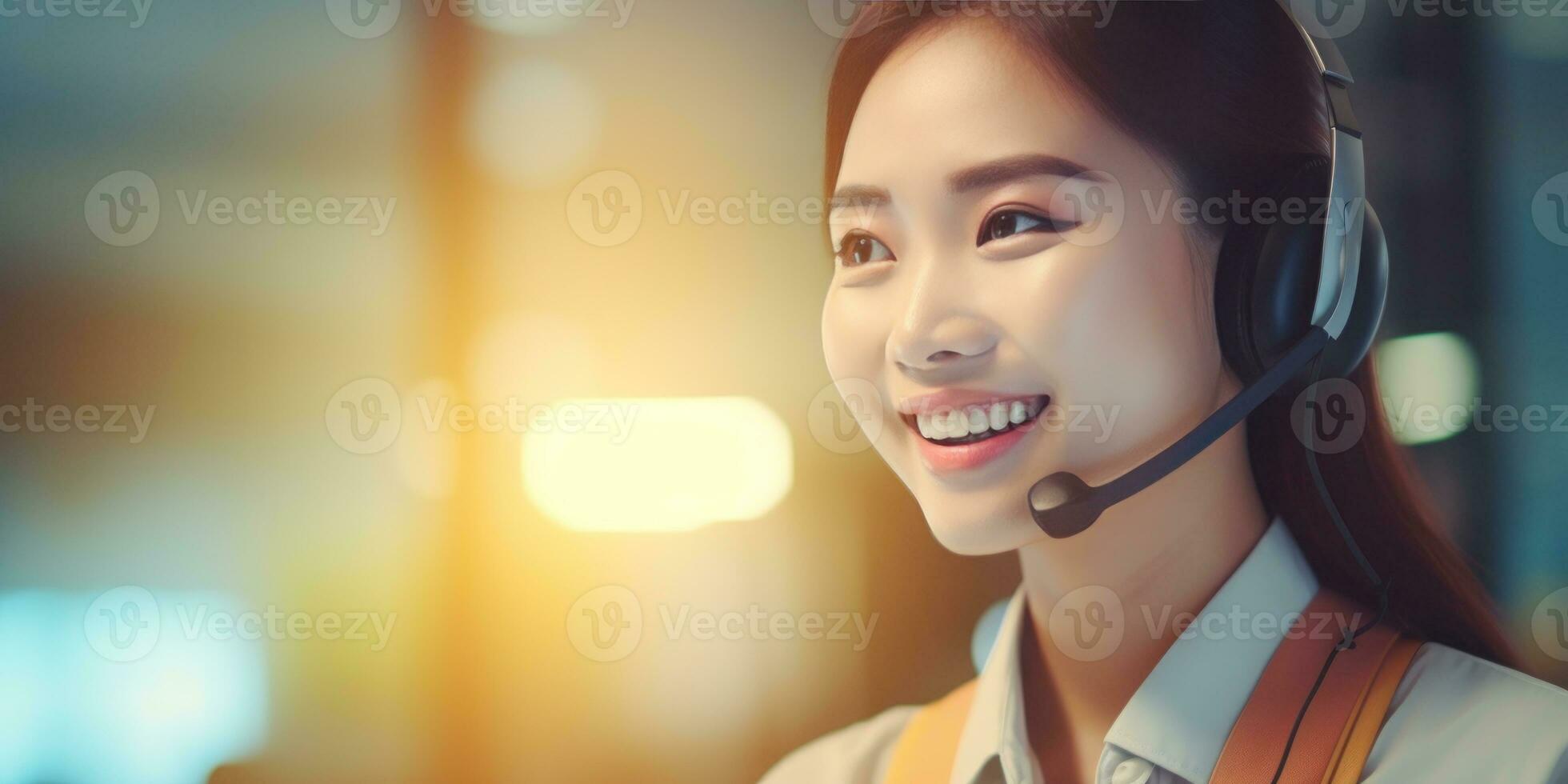 Cheerful asian woman customer support representative ready to assist. call center professional in headset. Created by AI tools photo