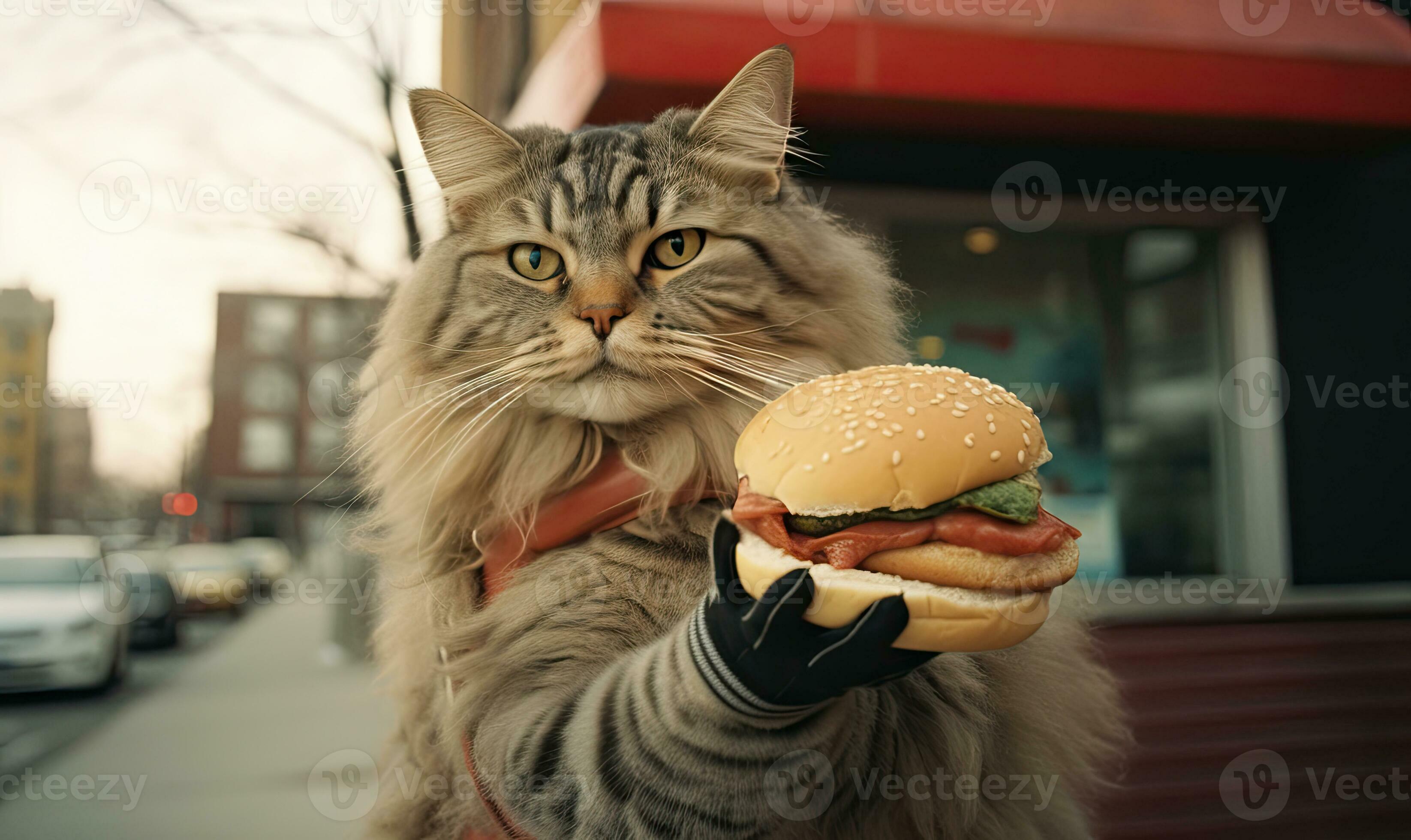 Cat munching on a hamburger