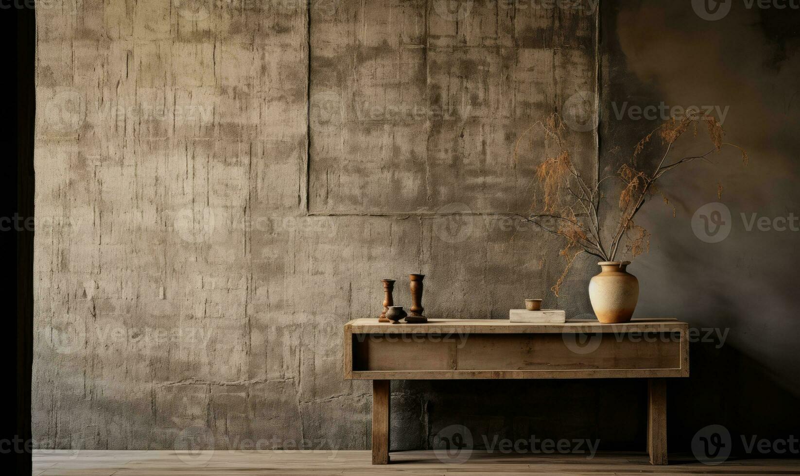 wabi-sabi interior con floreros en un estante y mesa, . creado por ai foto