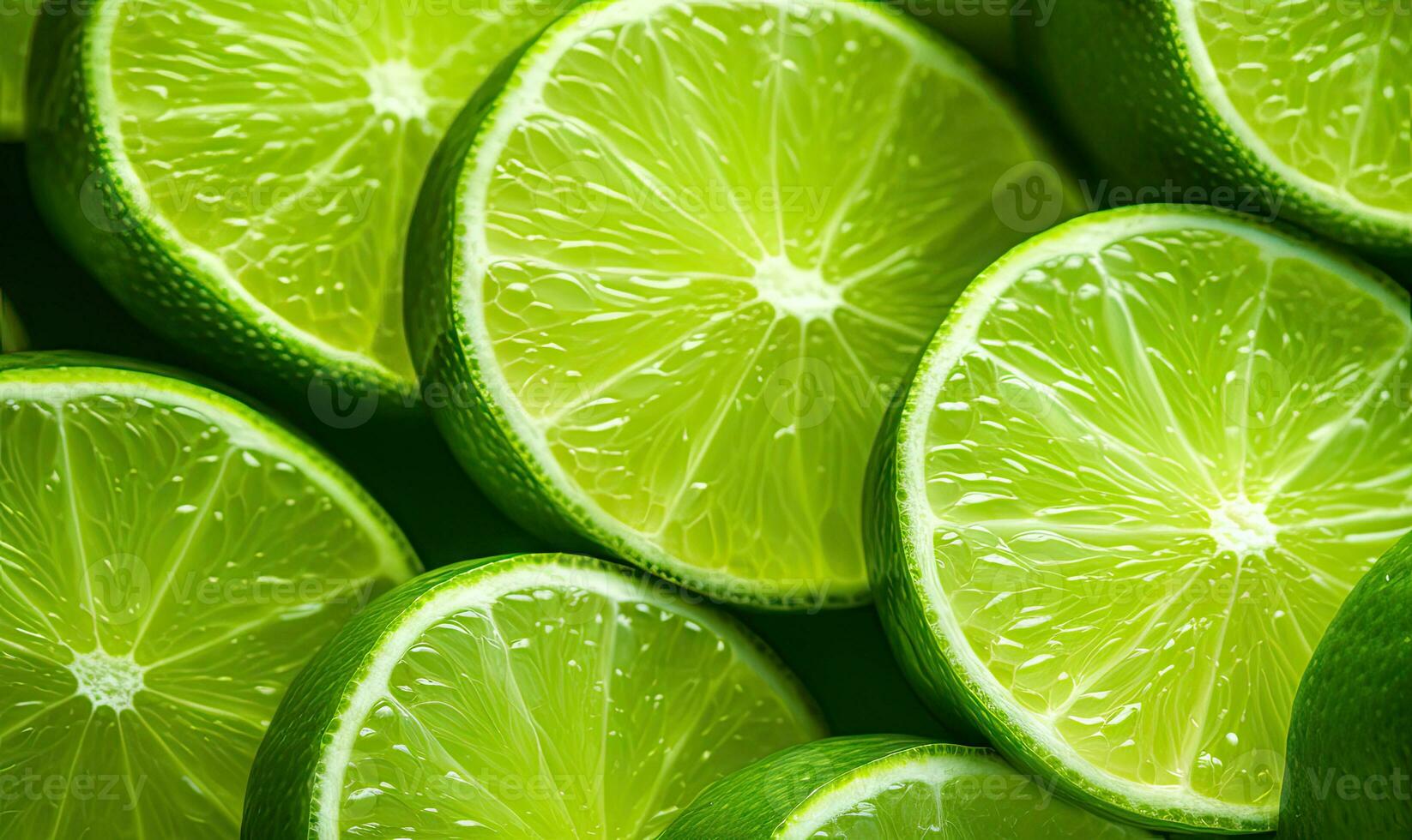 Close-up of fresh lime slices with cascading water droplets, highlighting vibrant green hues. Created by AI photo