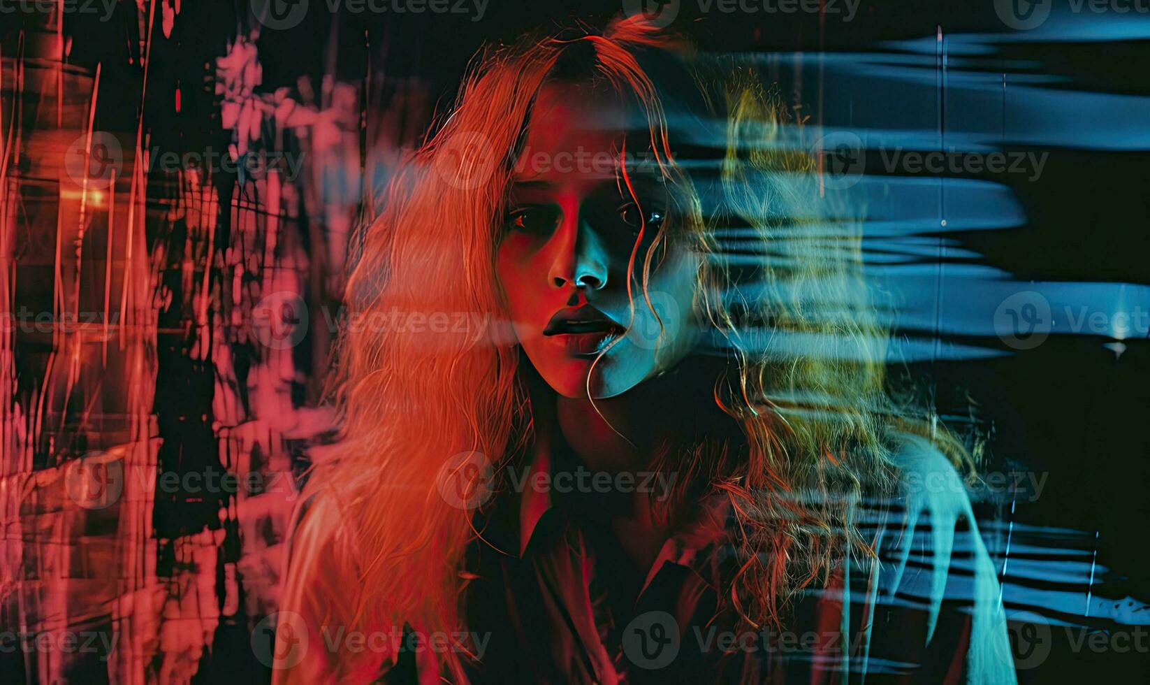 místico mujer con ardiente rojo pelo soportes fuera en contra un vago fondo. creado por ai foto