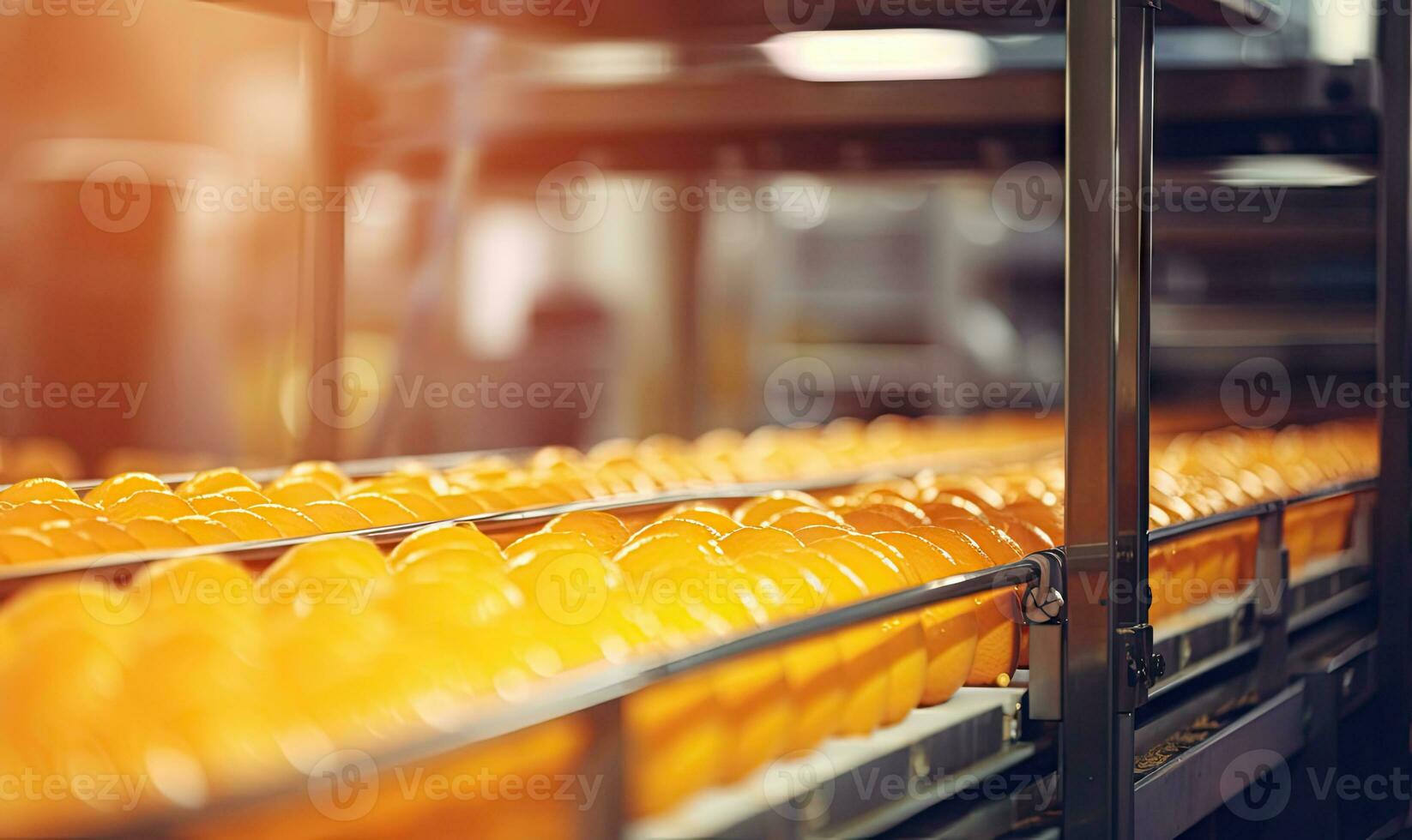 Vibrant oranges on a conveyor belt in a factory. Created by AI tools photo