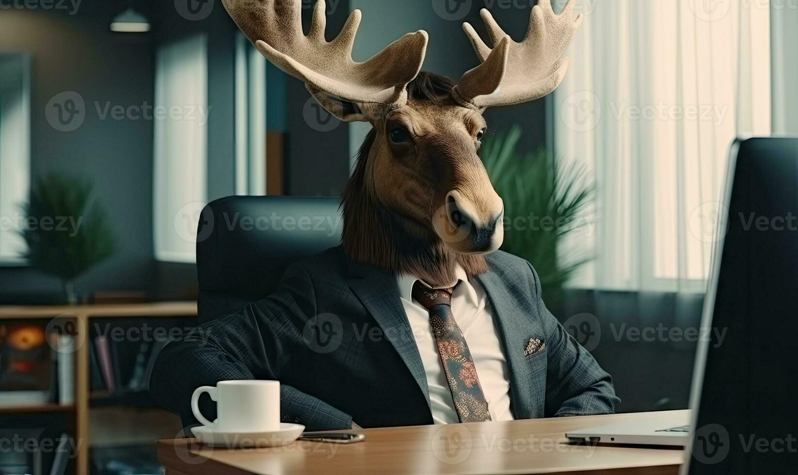 In a vibrant office, a man in a moose costume works confidently. Created by AI photo