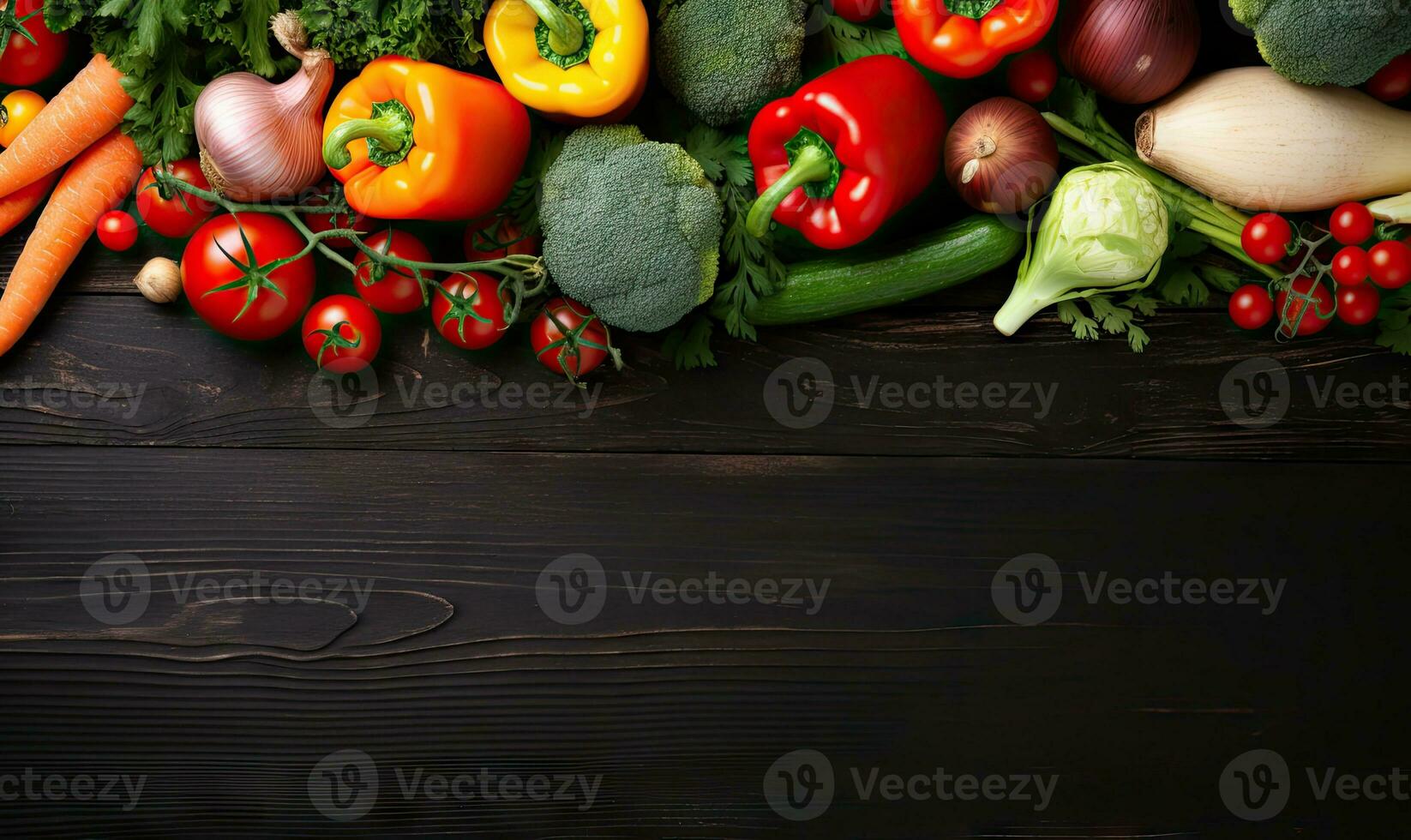 Vegetables on black wood background. Vegetarian organic food banner. Cooking ingredient. Created by AI tools photo