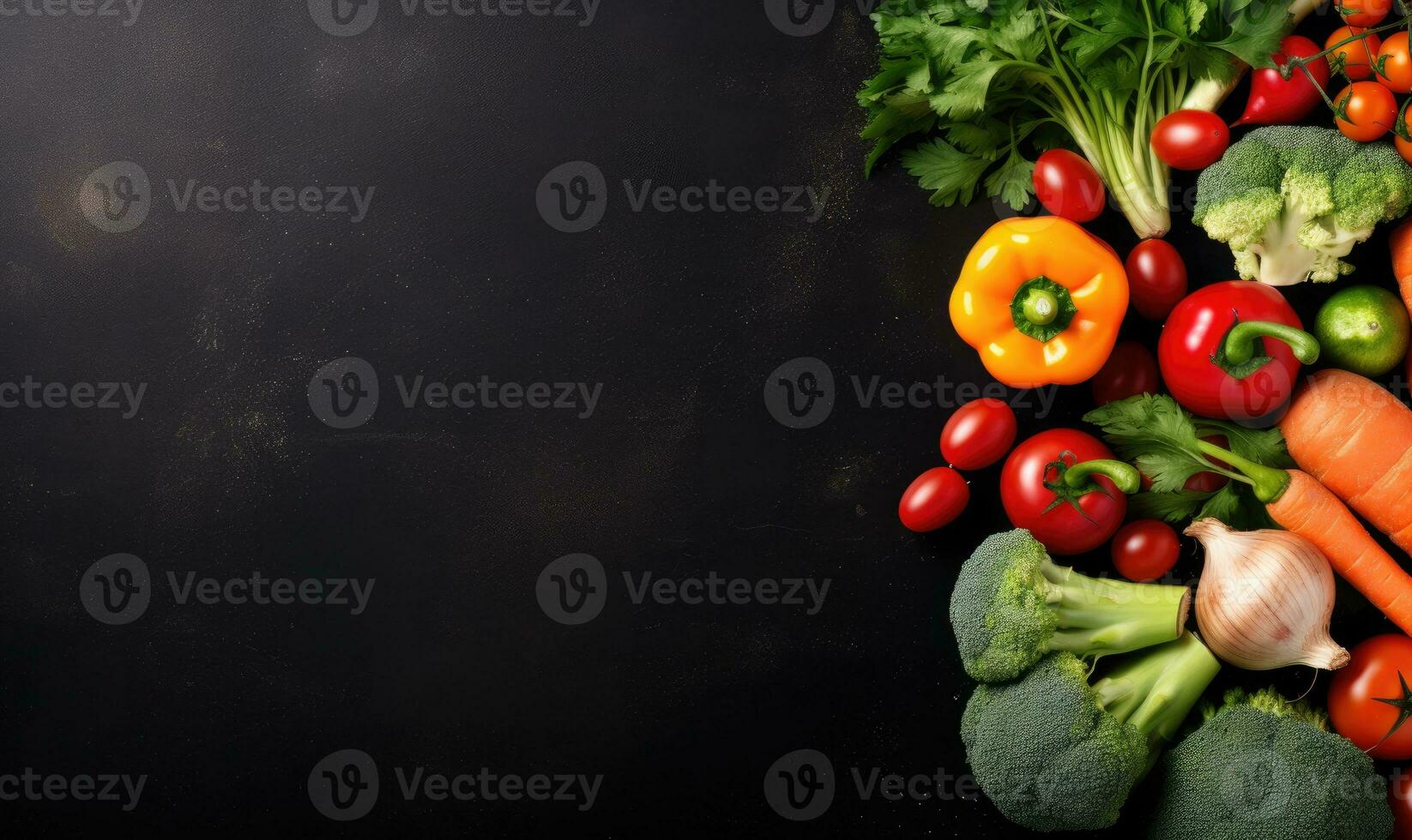 Top view vegetables on black background. Vegetarian organic food banner. Created by AI tools photo
