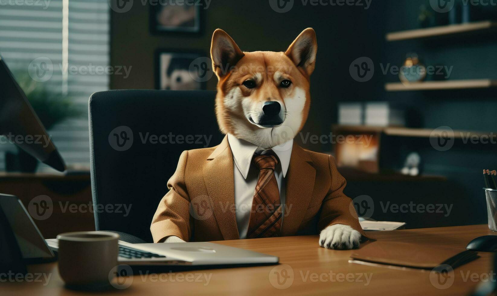 Shiba inu Dog in a businessman suit sits diligently at an office desk, exuding professionalism. Created by AI photo