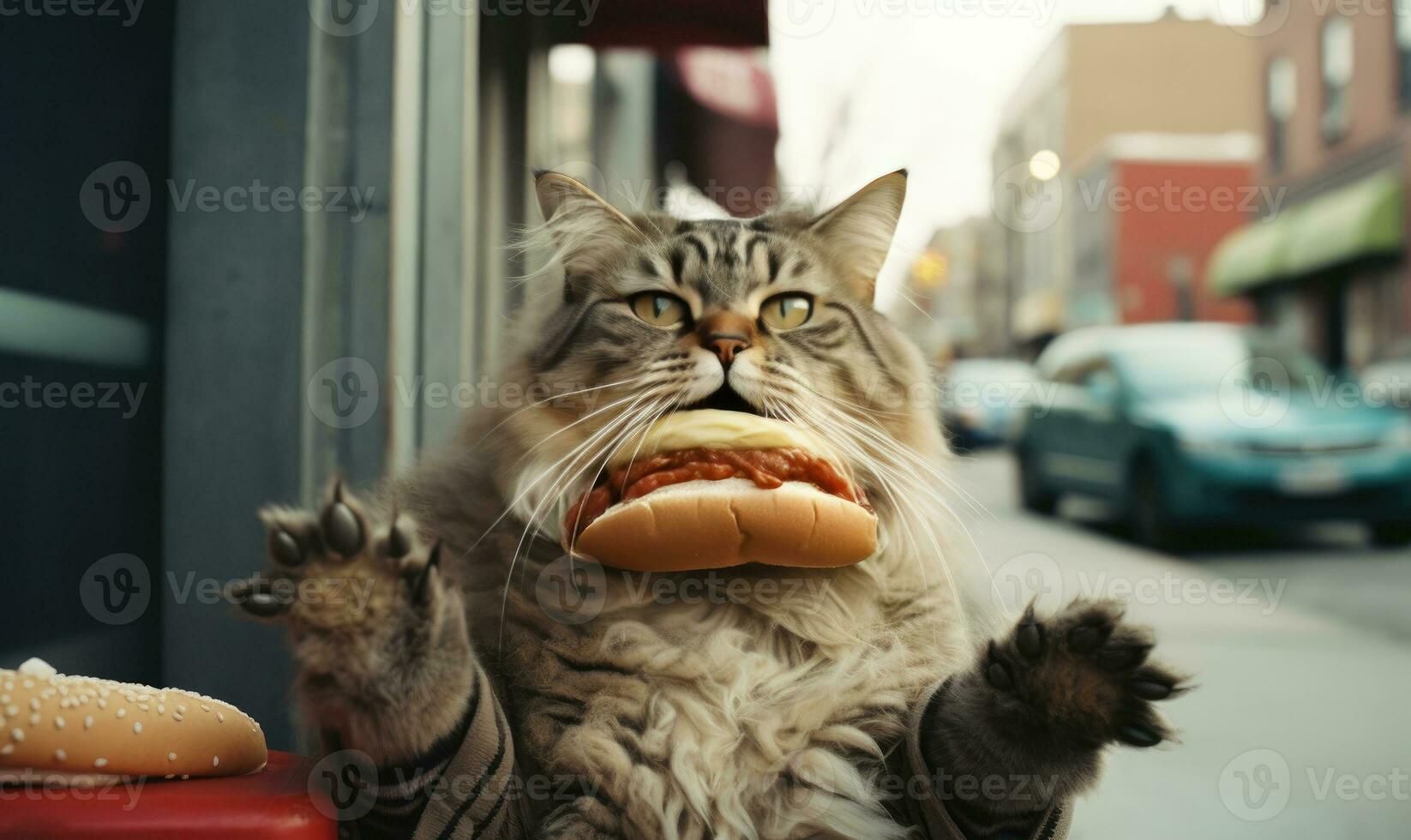 Whimsical scene of a cat in delightfully nibbling on a juicy hamburger. Created by AI photo