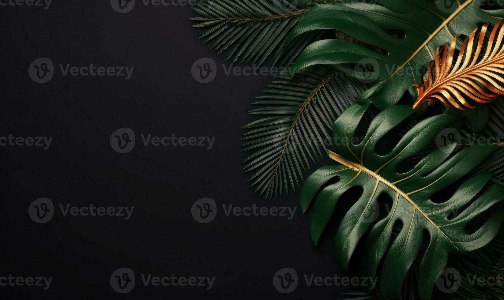 A captivating array of monstera leaves set against a black background. Created by AI photo