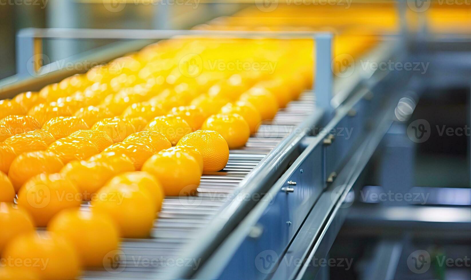 Vibrant oranges on a conveyor belt in a factory. Created by AI tools photo