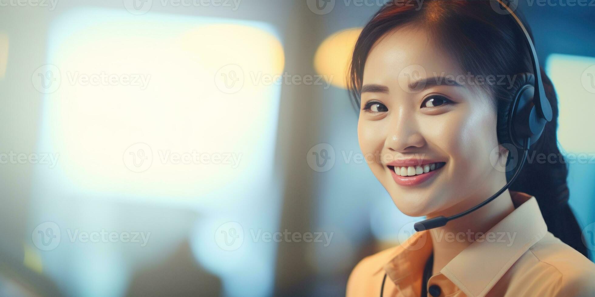 Cheerful asian woman customer support representative ready to assist. call center professional in headset. Created by AI tools photo