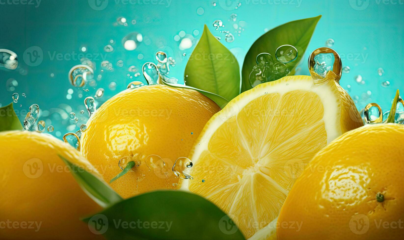 Lemon slices floating in clear water with soft light reflections and bubbles. Created by AI photo