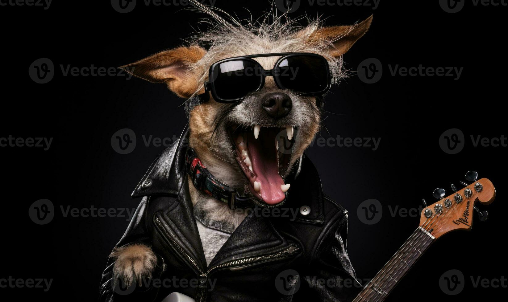 Punk dog in leather jacket. Created by AI photo