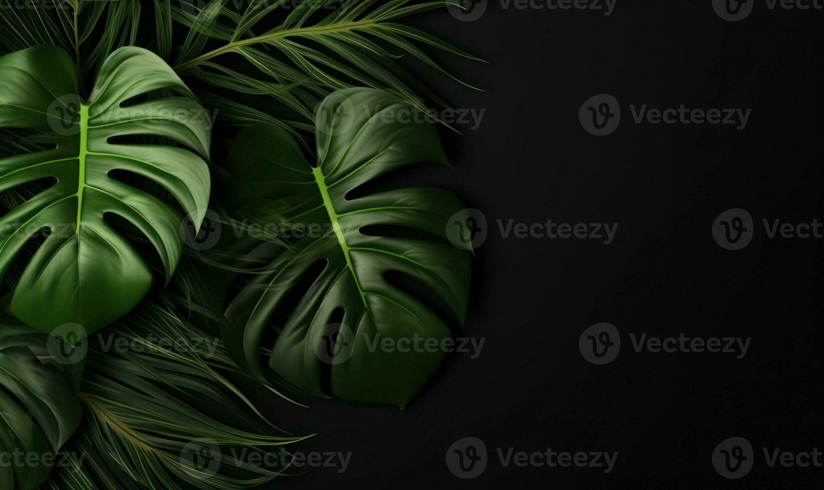 A captivating array of monstera leaves set against a black background. Created by AI photo