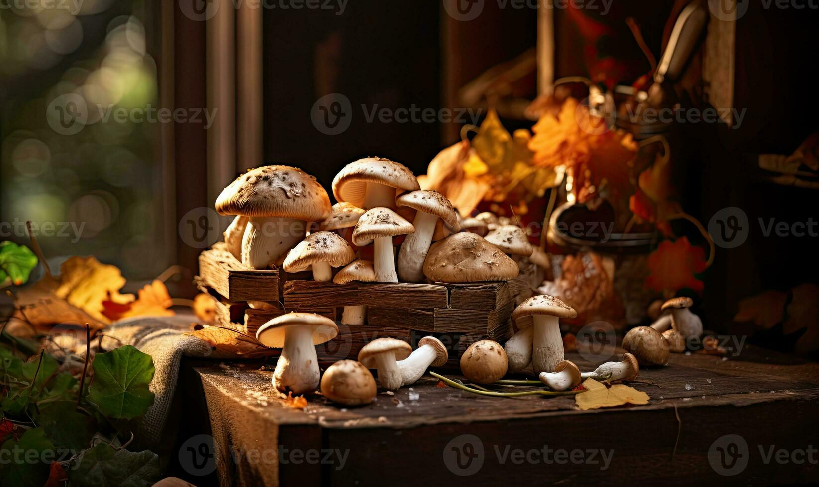 Close-up of assorted mushrooms. Created by AI photo