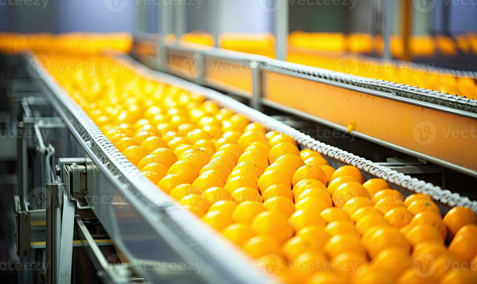 Vibrant oranges on a conveyor belt in a factory. Created by AI tools photo