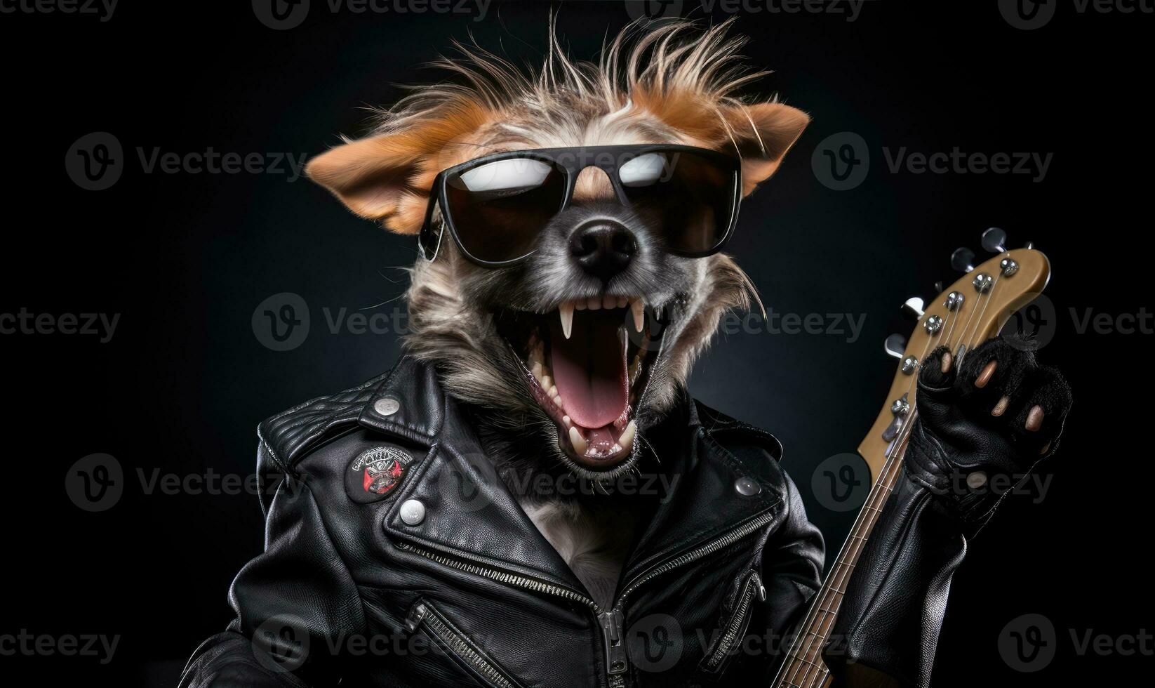 Punk dog in leather jacket. Created by AI photo