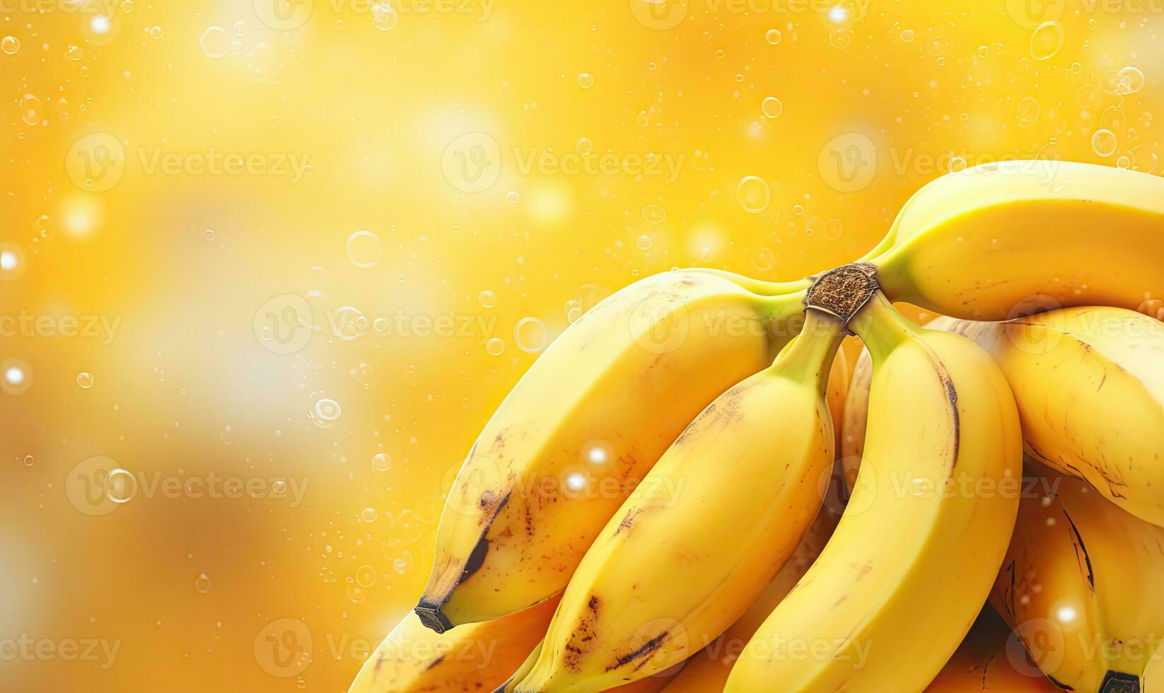 Ripe bunch bananas with glistening droplets on a vibrant yellow backdrop. Created by AI photo