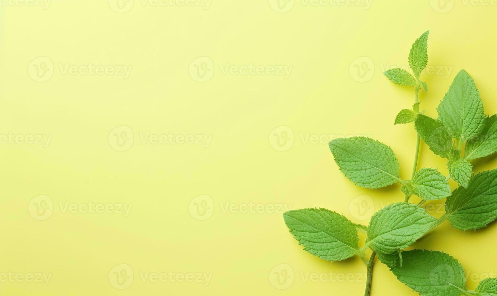 Fresh meadow mint leaves twig on a pastel yellow background. Created by AI photo