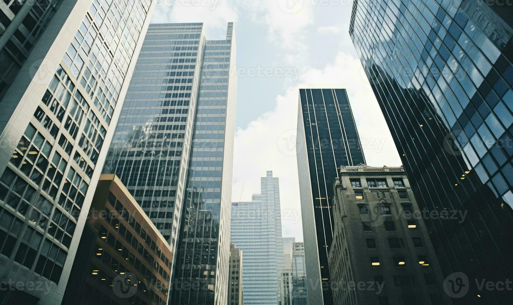 Top-down view of modern skyscrapers, captured on 35mm film. The urban landscape. Created with generative AI tools photo