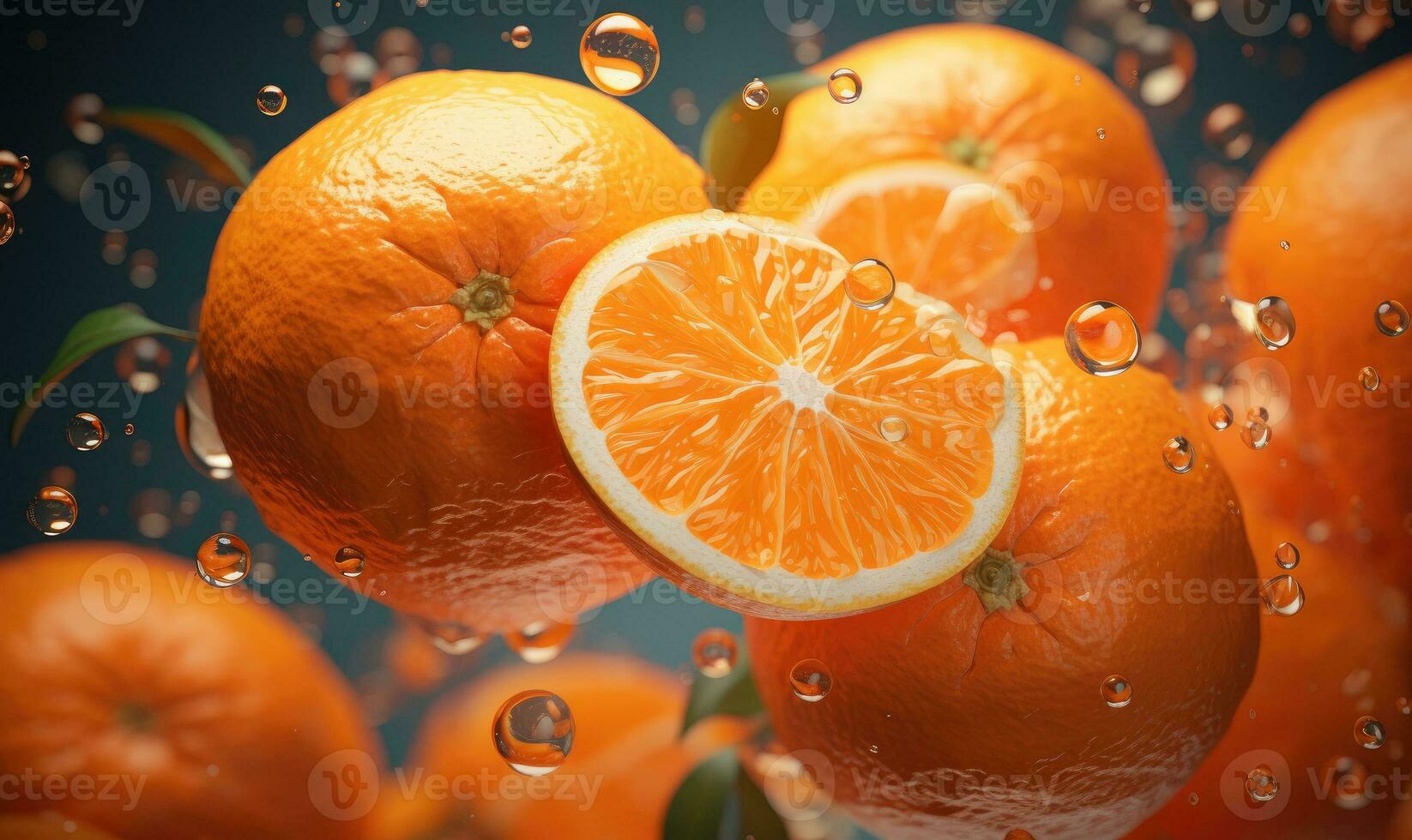 Vibrant oranges float in clear water, illuminated by sunlight. Created by AI photo