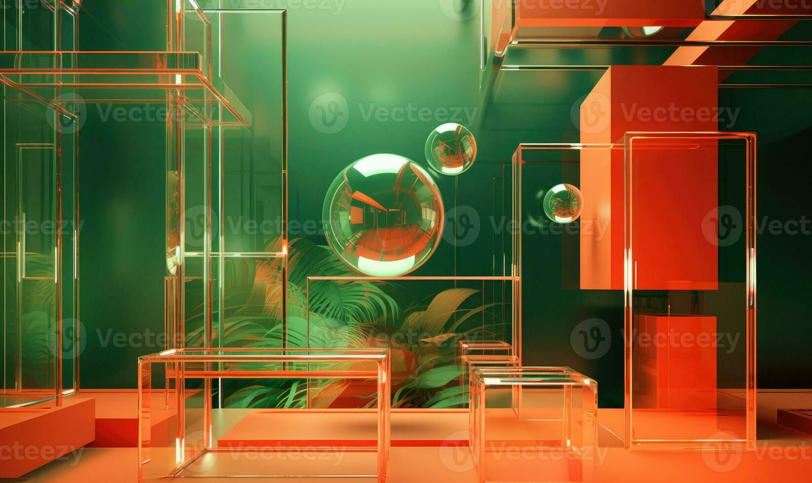 Modern space with glassmorphism elements, adorned with mesmerizing glass decor and natural beauty. Created by AI photo