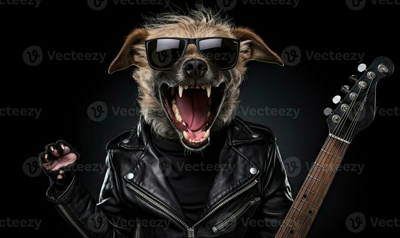 Punk dog in leather jacket. Created by AI photo