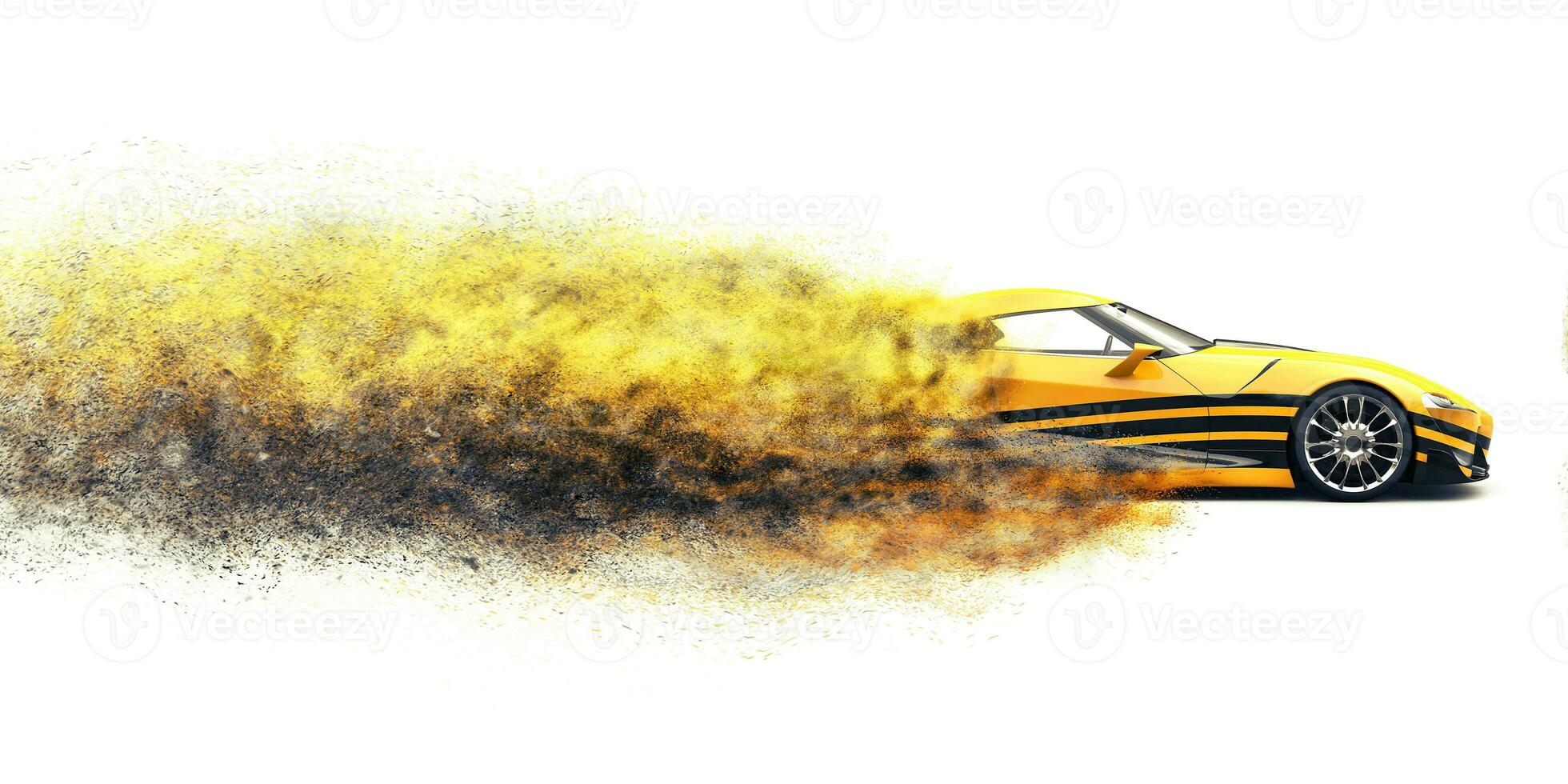 Yellow modern supercar with black decal disintegrating into cloud of particles photo